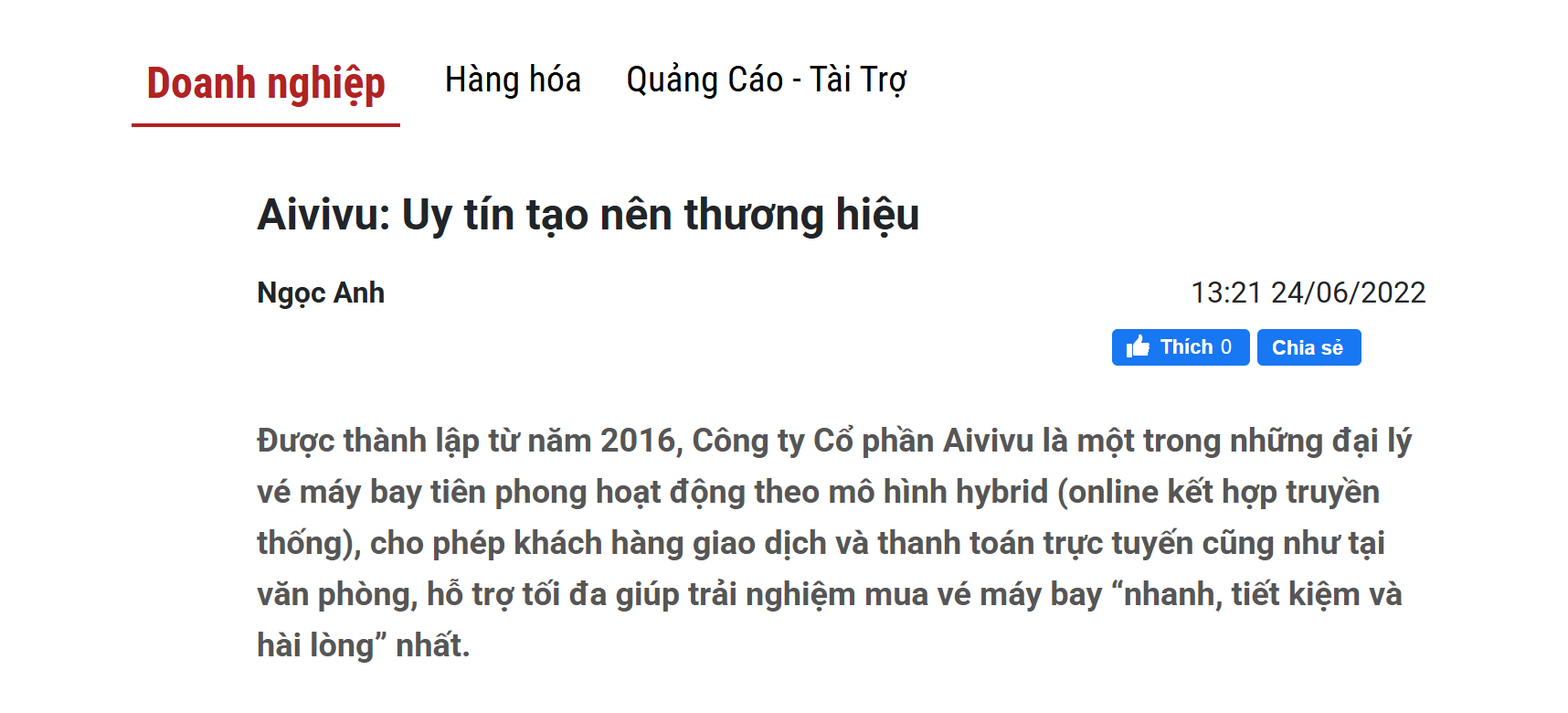 Ảnh trích bài báo nói về Aivivu.